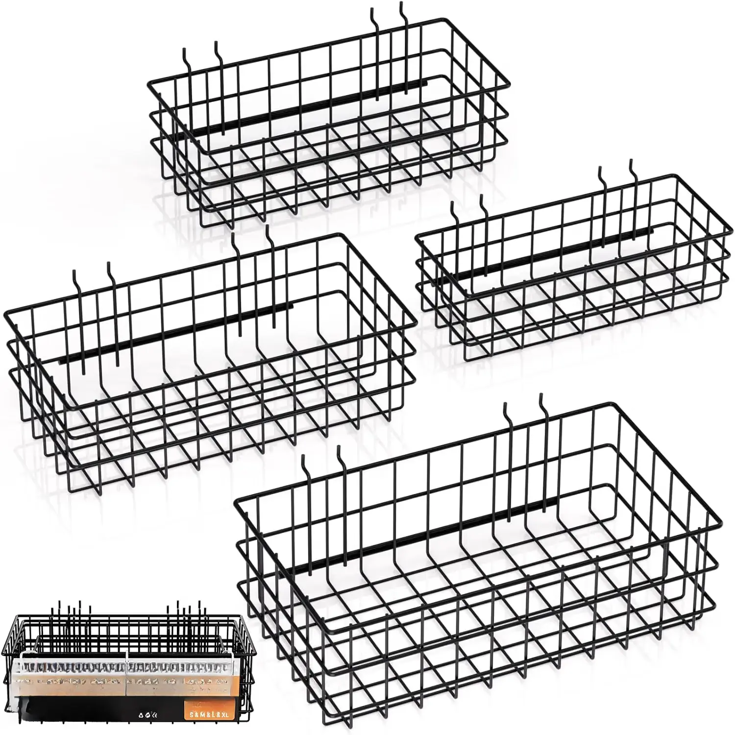 4 Pack Pegboard Baskets Bins Set, Black Metal Pegboard Accessories 4 Size Square Style, Metal Wire Basket, For Any Peg Board Organizing Tools, Workbench Garage Wall Storage