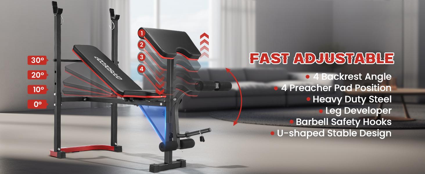 OPPSDECOR Adjustable Weight Bench Set with Leg Developer & Preacher Curl Pad, Full Body Workout Bench Press Set with Squat Rack for Home Gym Fitness, Standard Strength Training Bench