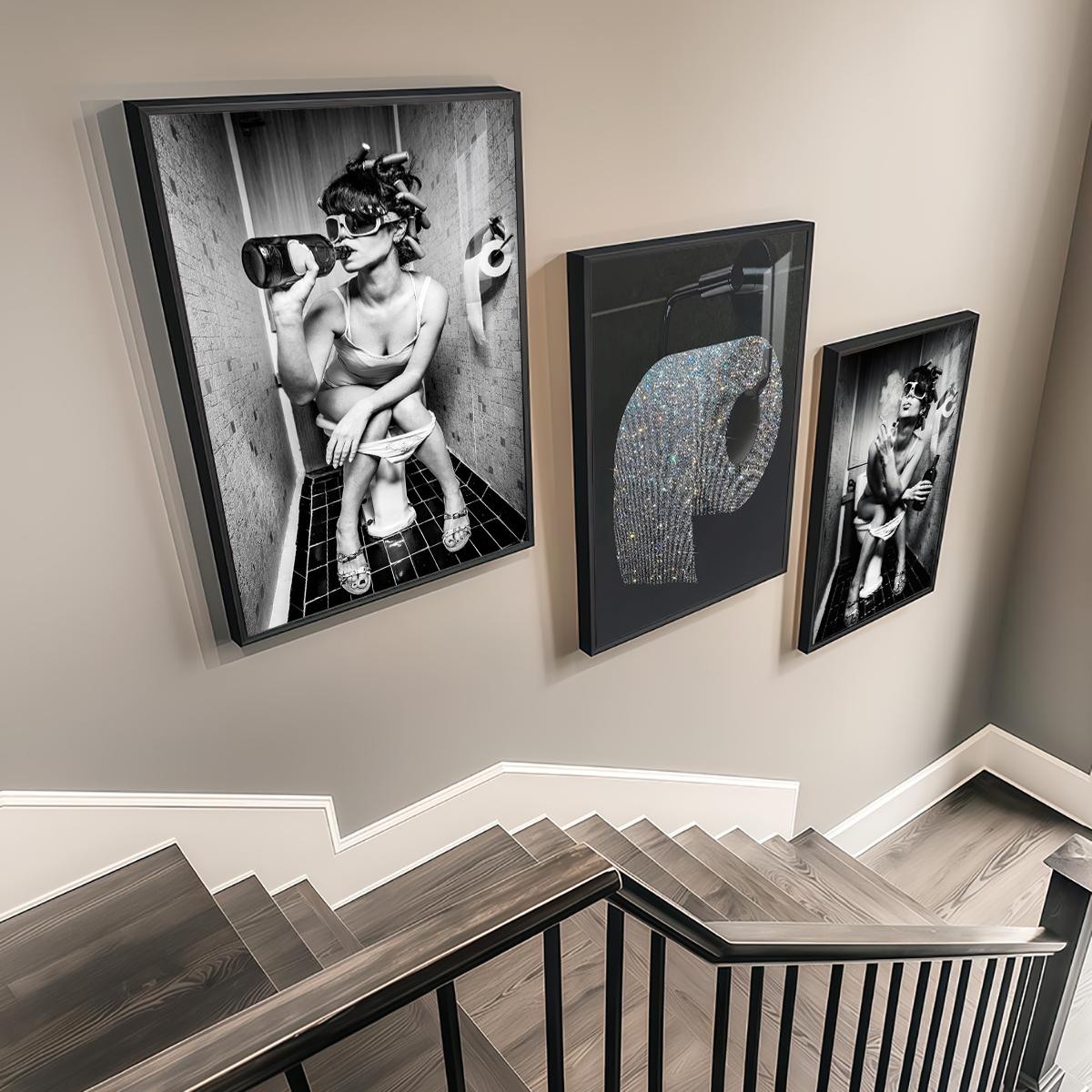 3 Counts Aluminum Alloy Framed Painting, Funny Woman Bathroom Drinking And Smoking Poster, Home Decoration For Living Room, Bedroom, Office, Restaurant, Hallway Wall Decor, Odorless Print Artwork, Luxury Perfect Gift For Friends And Family