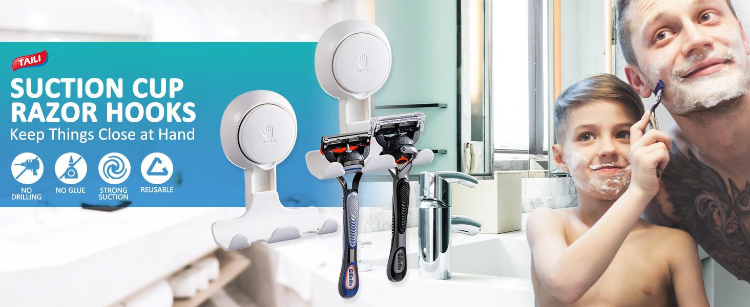TAILI Shower Razor Holder Suction Cup 2 Pack, Vacuum Suction Razor Hanger for Shower Wall, Suction Door Hooks for Towel Loofah Sponge, Shower Razor Hooks for Bathroom Removable Waterproof, White