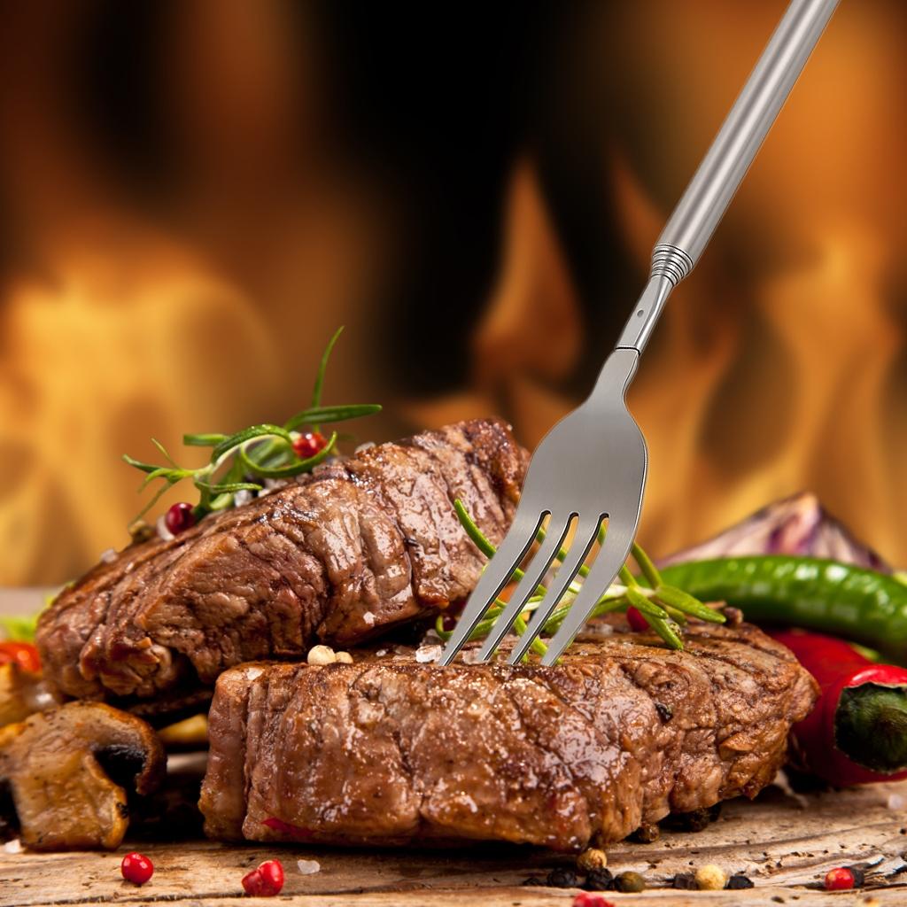 Expandable Long Handle Fork Stainless Steel 22.1-64.52cm, BBQ Fork for Grilling Bread Desserts, Durable & Versatile Utensil, Barbecue Utensils