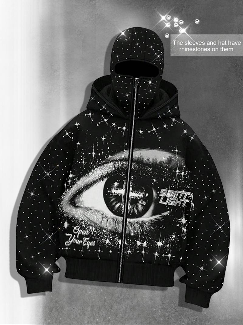 Eye print two hats zipper cardigan men's hoodie, Graphic hoodies, sleeve hat hot rhinestone, sparkling starry sky unisex hoodie European and American street jacket, autumn and winter plus velvet hoodie Instagram style