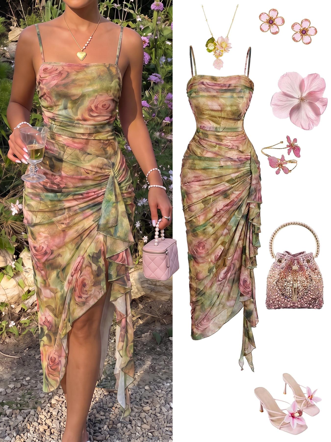 Women's Casual Vacation Floral Print Ruched Split Hem Asymmetrical Dress, Vintage Butterfly Print Elegant Ruffle Design Dress,Seductive,Party,Cocktail Dinner Prom Vacation Outfits
