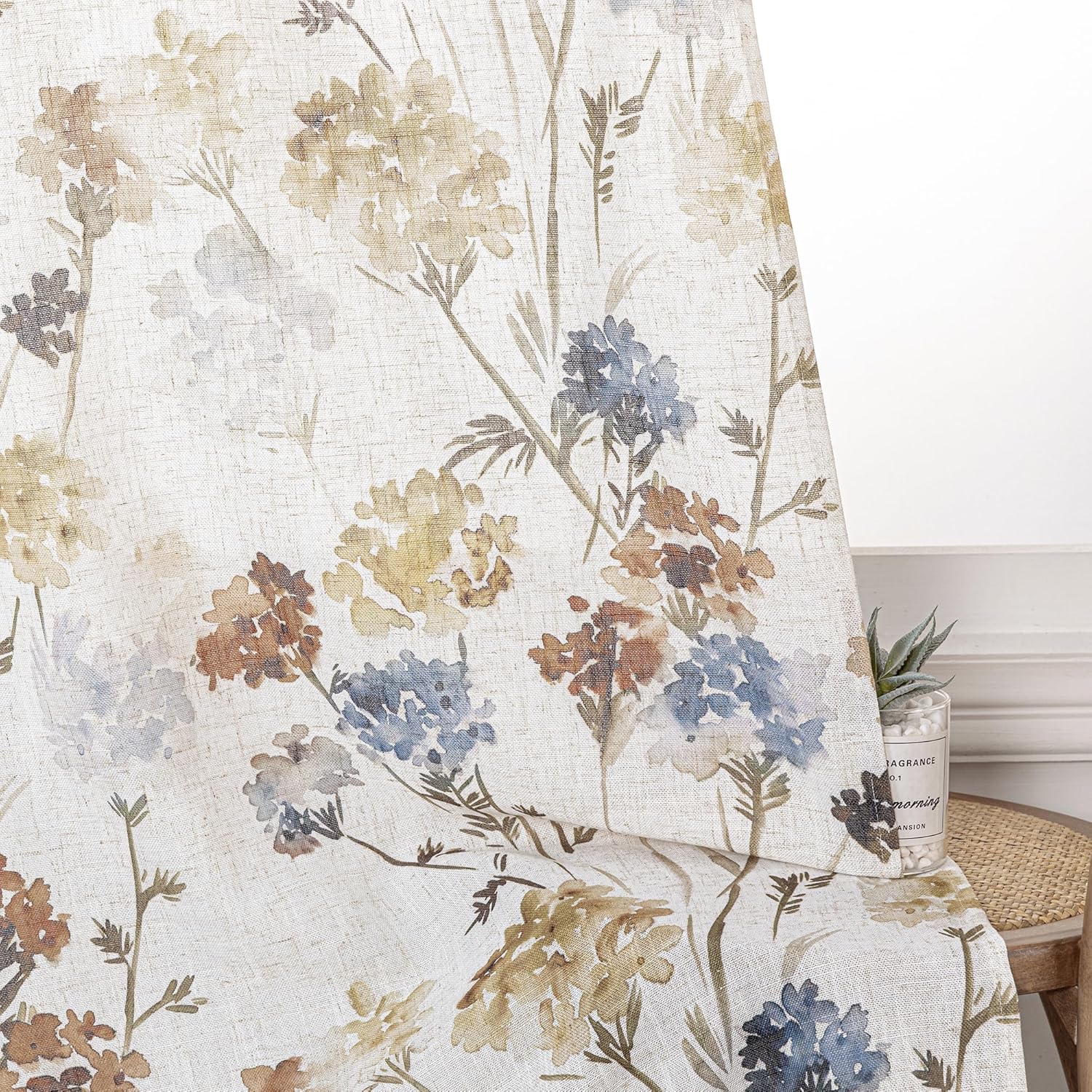Floor to Ceiling Linen Floral Curtains 95 Inch Length 2 Panels Set Semi Sheer Light Filtering Farmhouse Flower Print Patterned Window Grommet Curtains for Living/Dining Room, Yellow, 2 Pcs