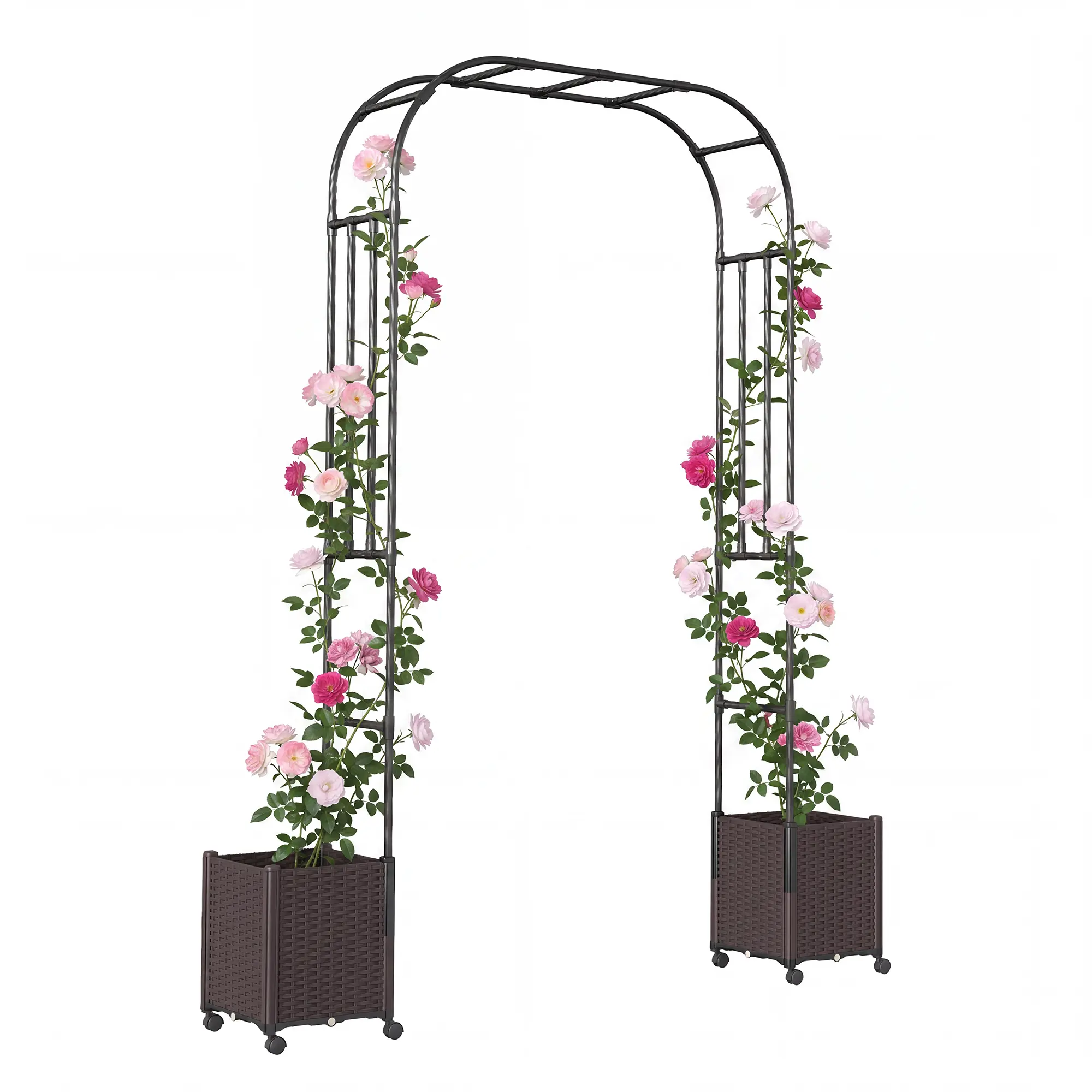 90.5" Garden Arch Trellis with Deepened Planter Boxes & Wheels, PE Coated Metal Arbor for Climbing Roses, Vegetables, Wedding & Party Decor