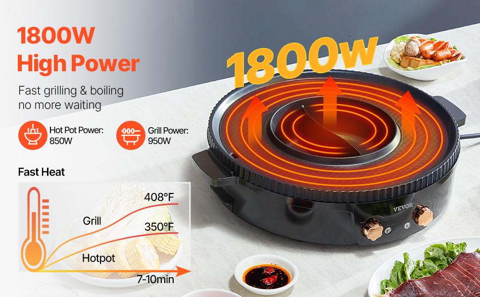 VEVOR 1800W Power 2-in-1 Electric Smokeless Hot Pot Grill, Korean BBQ Shabu Shabu with Separate Dual Temp Ctrl, Non-Stick Pan for Family Dining (2-8 People)