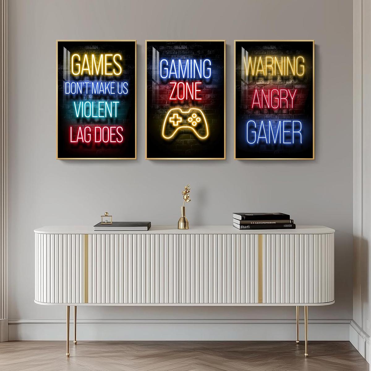 3 Counts Aluminum Alloy Framed Painting, Neon Gaming Zone Poster With Game Controller Wall Art, Home Decoration For Living Room, Bedroom, Office, Restaurant, Hallway Wall Decor, Odorless Print Artwork, Luxury Perfect Gift For Friends And Family