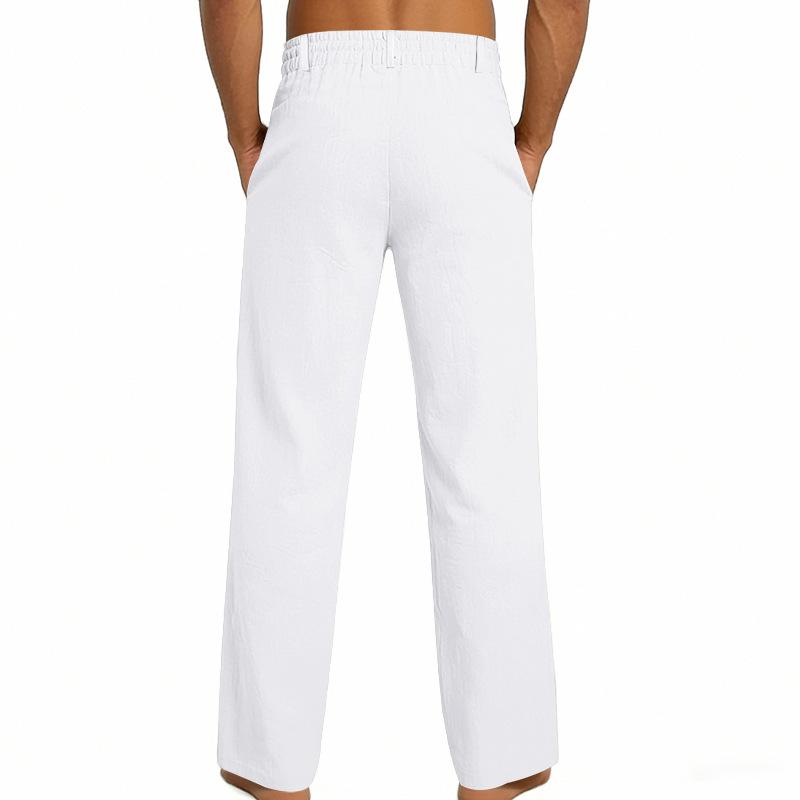 Men's 2026 Spring Summer Plain Linen-Cotton Fabric Wide Leg Trouser, Irregular Cross Buckle Waist, Loose Fit for Big-Tall Menswear, Ideal for Beach Vacation & Daily Commute (Polyester-Blended Option Available)