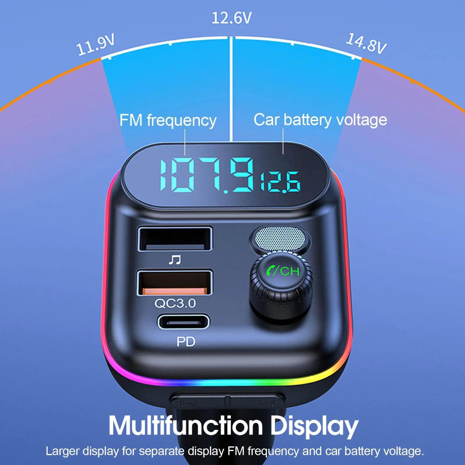 Bluetooth Car Adapter, In-Car FM Transmitter with Bluetooth 5.0, 18W PD Fast Charging, QC3.0, USB + PD Ports, Type-C, Colorful Ambient Light, Dual Music Player, Bluetooth Calling, Cigarette Lighter Accessory with Easy Setup
