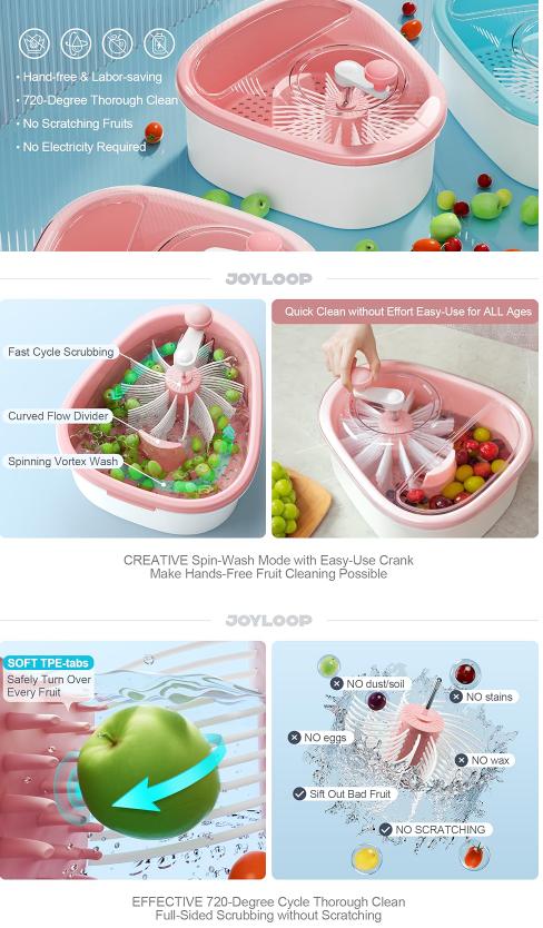 JOYLOOP Fruit Cleaner Spinner Large Fruit Washer Spinner with Brush Fruit Cleaning with Washing Bowl Fruit and Salad Cleaner with Fruit Spinner Bowl Fruit and Vegetable Scrubber