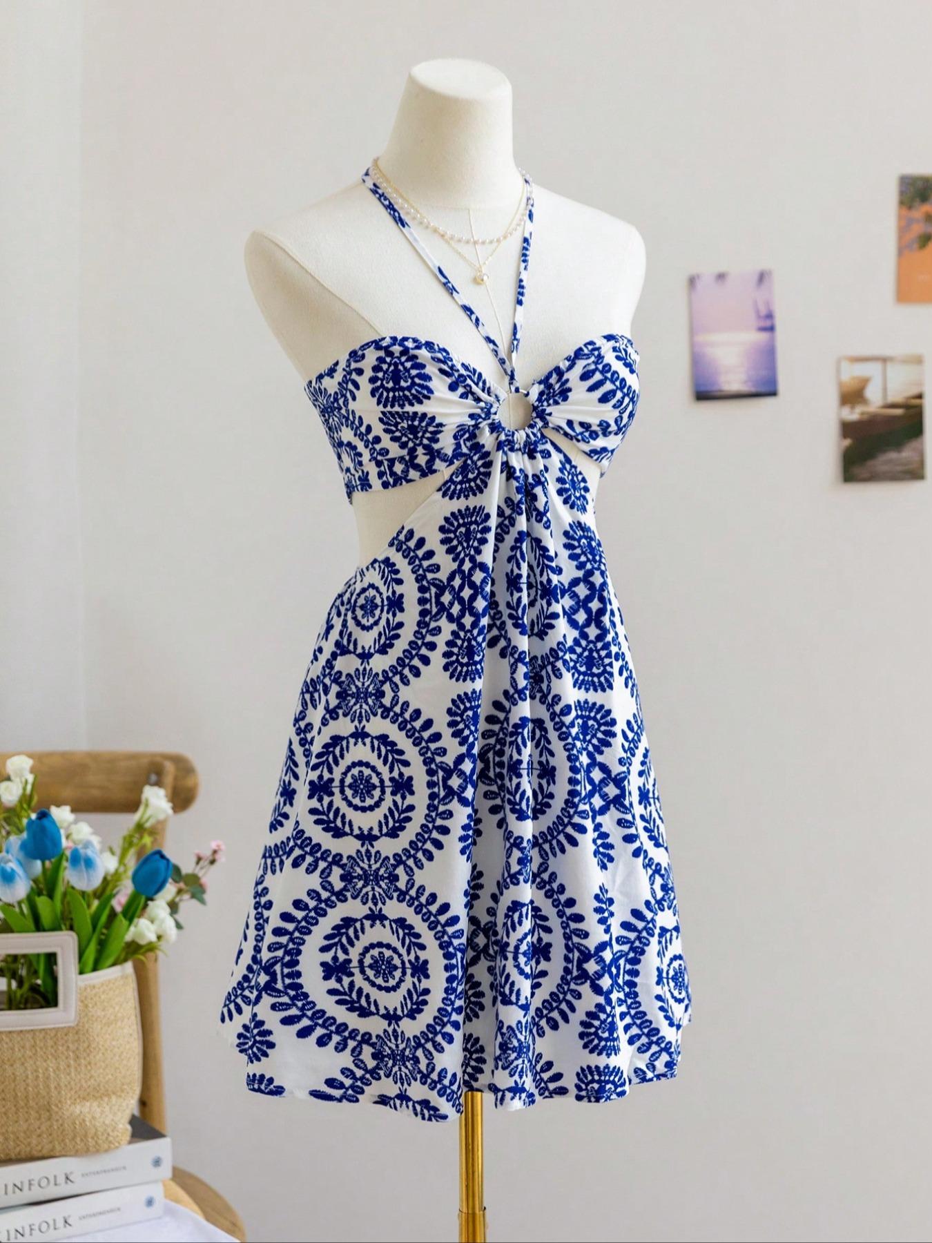 Women's Boho Vacation printed pattern Sexy Halter Drawstring Hollow Waist Dress, Suitable For Beach, Music Festival, Hippie, Party, Date, Afternoon Tea