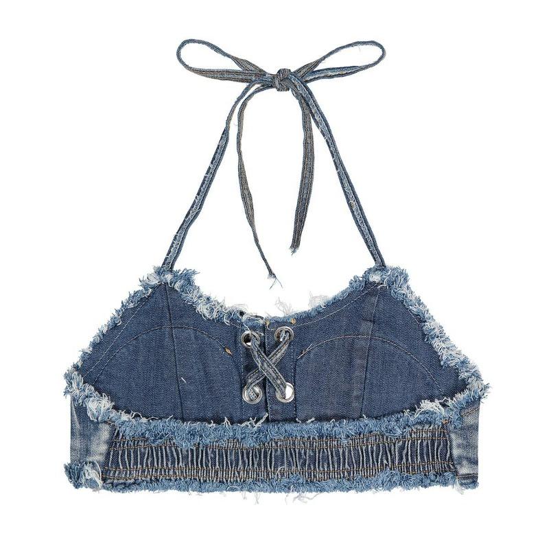 Women's 2-Piece Denim Bikini Swimsuit Set - Distressed Fringed Top, Denim Hot Pants, Beach Wear for Beach Outings, Bar Performances