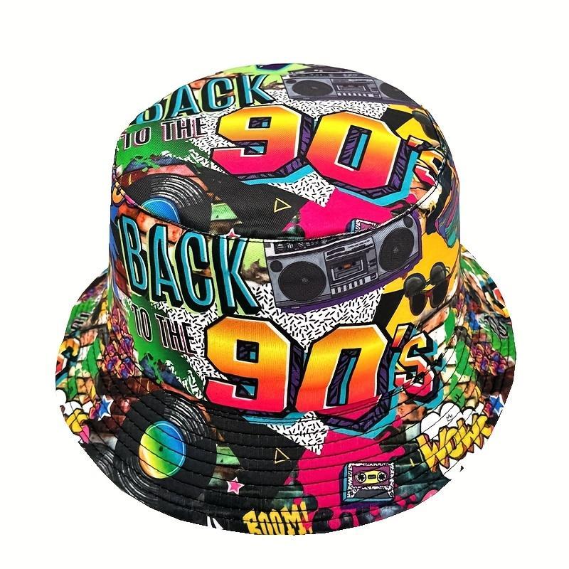 Vintage Unisex Floral Snapback Bucket Hat - 80s Design Polyester Beach Cap, Colorful Retro Multi Color Festival Inspired Printed Graphic Hat, Ideal for Beach Trips & Casual Outings, Snapback Hat, Colorful Retro Hats