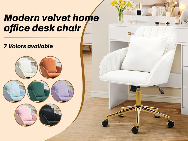 Home Office Desk Chair Comfy with Adjustable Swivel Wheels, Modern Velvet Makeup Vanity Chair with Back & Pillow, Ergonomic Office Chair Computer Task Chair for Living Room, Bedroom