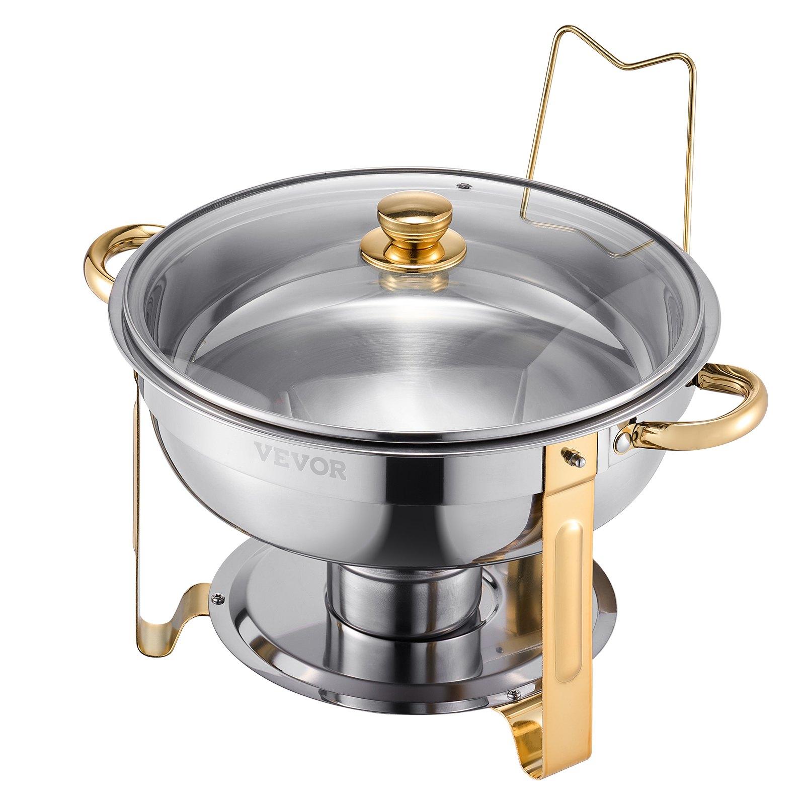 VEVOR 4-Piece Round Shape Stainless Steel Buffet Set, 5 Qt Full Size Stainless Steel Pans, Glass Lids, Water Pans, Folding Stands, Fuel Holders, Gold Catering Warmers for Wedding, Banquet