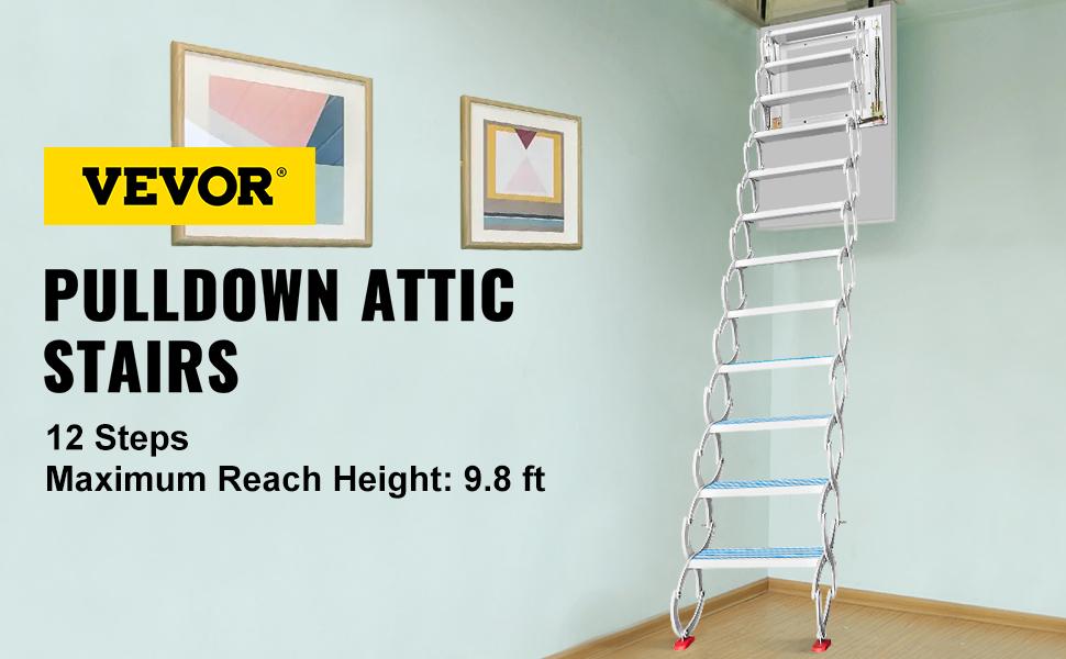 VEVOR Attic Steps Pull Down 12 Steps Attic Stairs Alloy Attic Access Ladder, White Pulldown Attic Stairs, Wall-mounted Folding Stairs for Attic, Retractable Attic Ladder with Armrests, 9.8 feet Height
