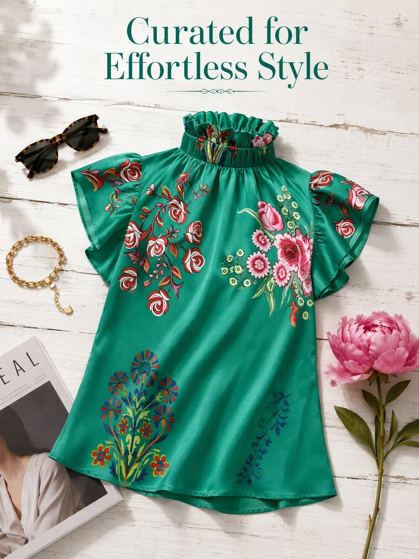 Women's Bohemian Floral Print Sleeveless Blouse, Ruffled Mock Neck Flutter Cap Sleeve Loose Top, Boho Print Blouses