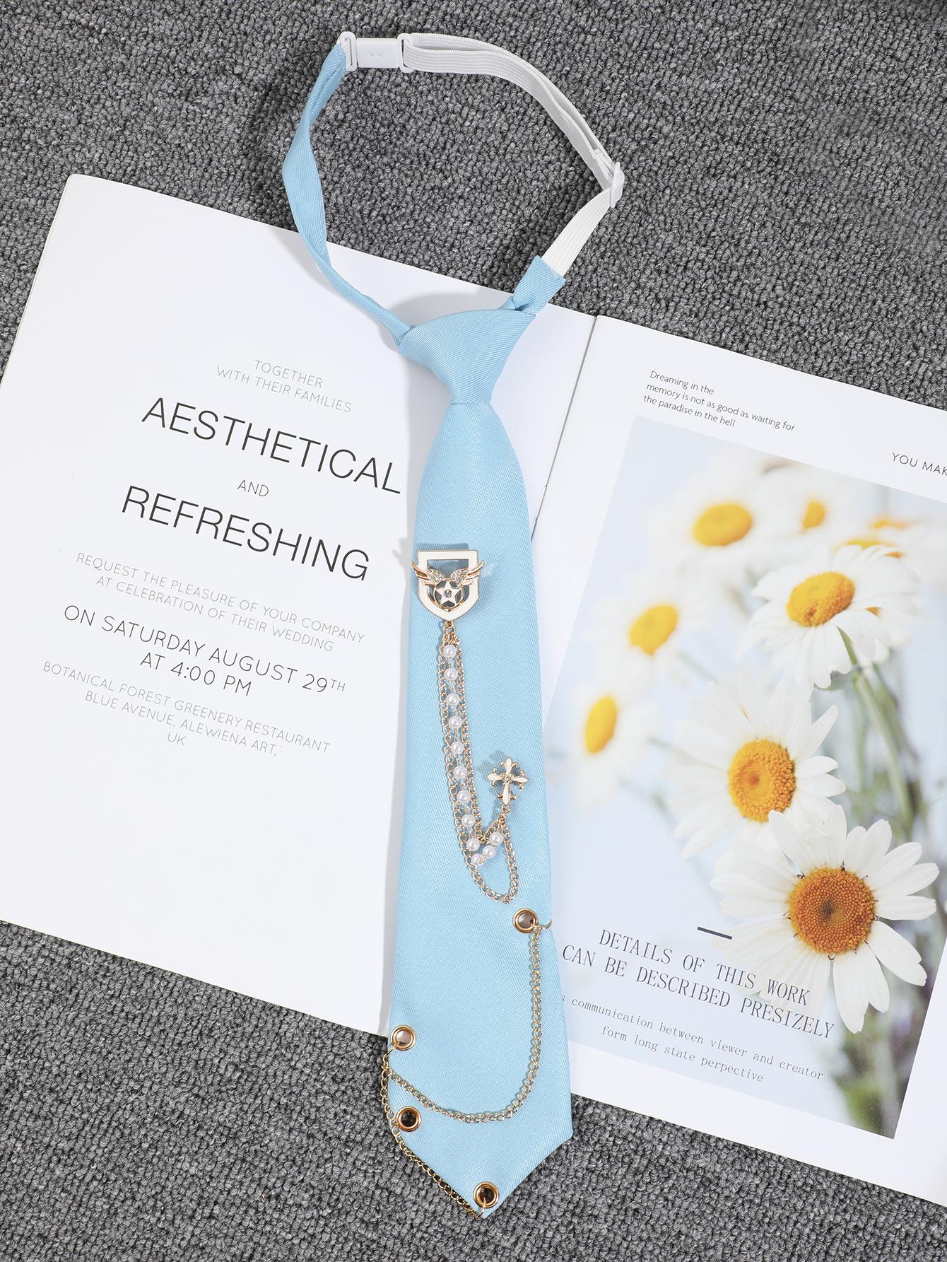 Nylon Pull-On Pre-Tied JK Uniform Necktie, Light Blue Lazy Neck Tie with Cross Badge, Faux Pearls and Gold-Tone Chain Details, INS Trendy Academia Collar Accessory for Shirt Matching, Pull-On Tie