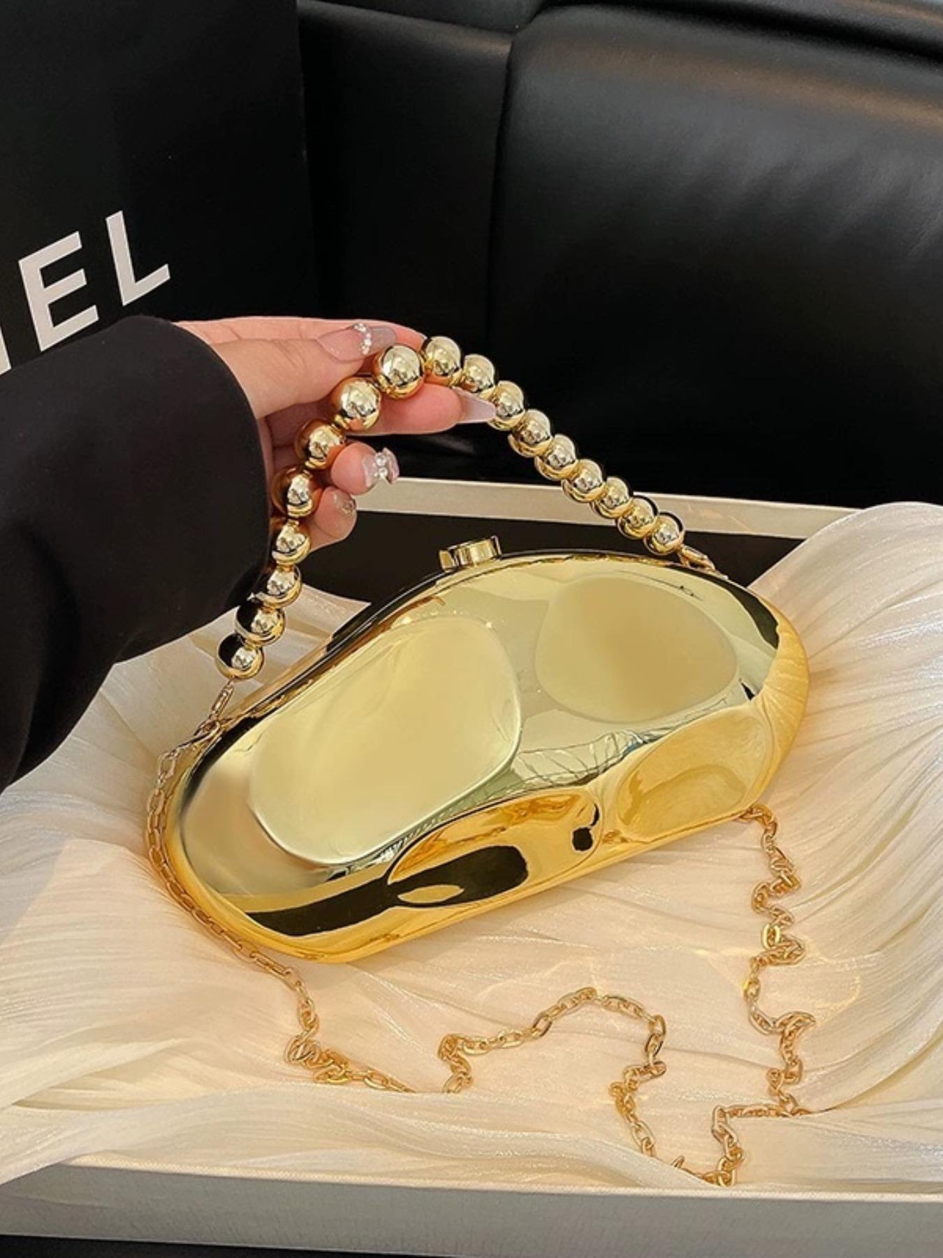 Elegant Acrylic Shoulder Clutch, Cute New Fashion Evening Bag, Luxury Crossbody Bag, Silver Gold Bead Handbag, Small Oval Shiny Handheld Bag, Trendy Chain Multi-Use Bag
