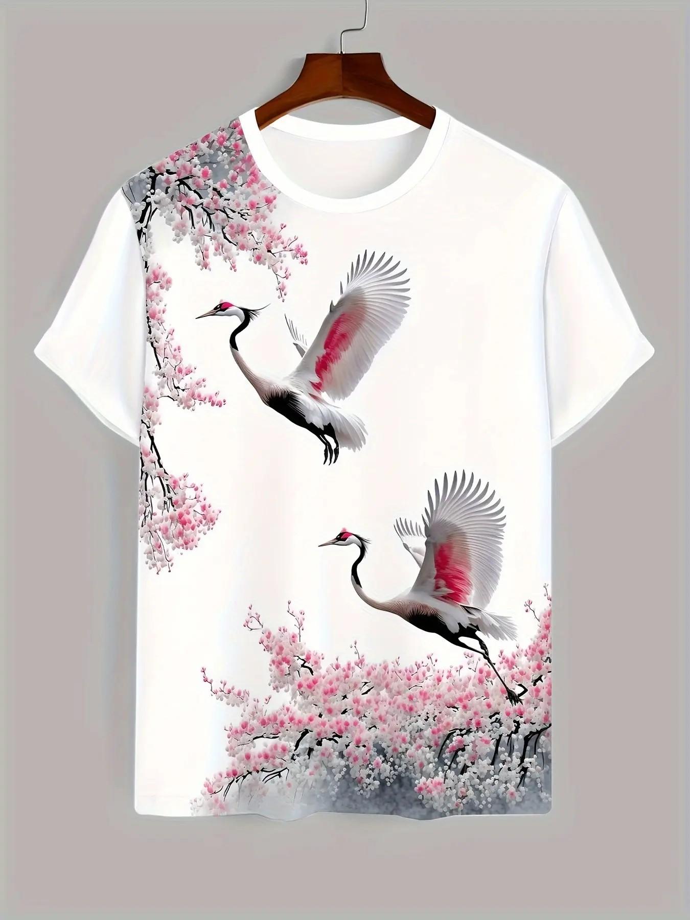 Men's Crane Cherry Blossom Print T-Shirt, Japanese Style Floral Bird Streetwear Round Neck Short Sleeve Top, Sporty Loose Fit