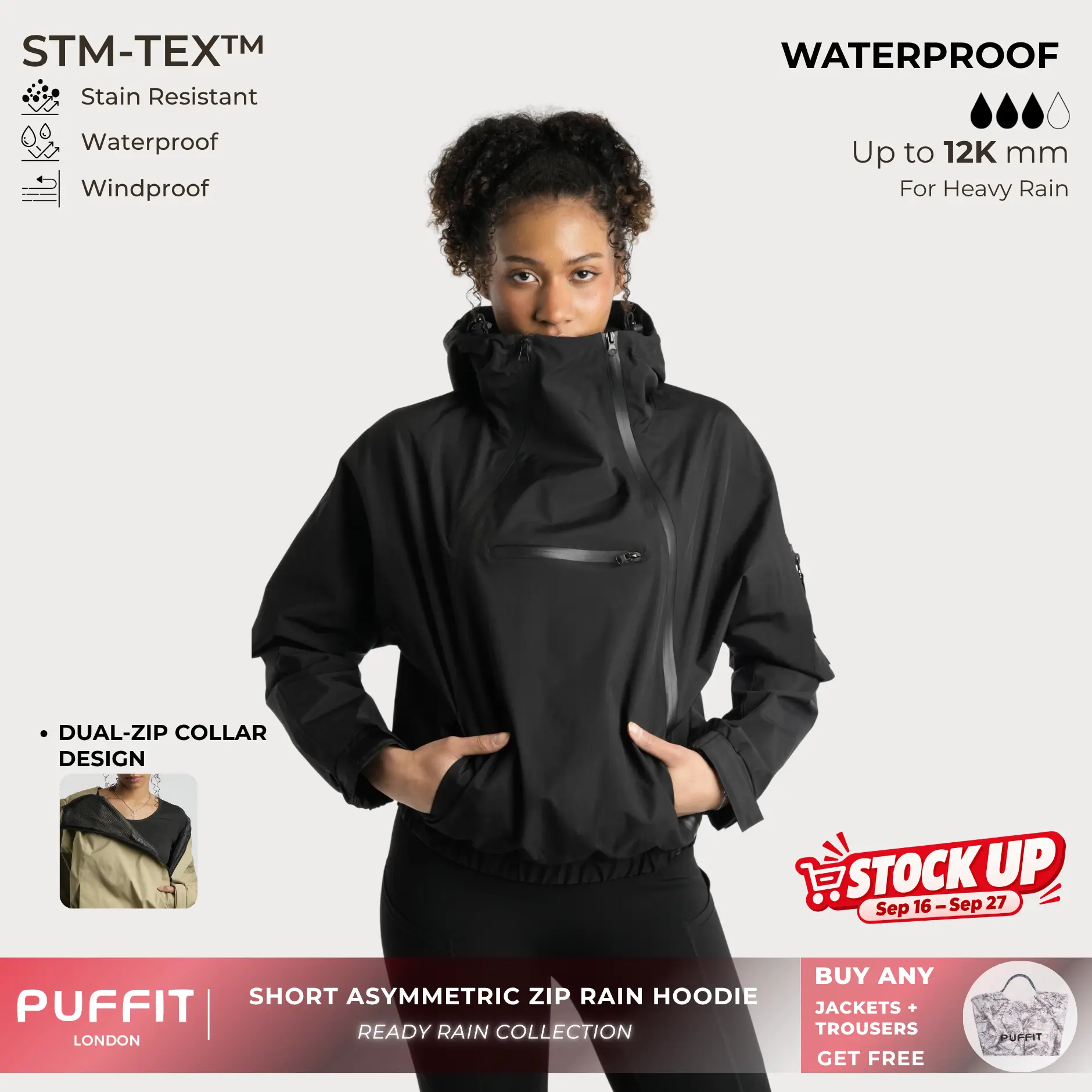PUFFIT STM-TEX Short Rain Hoodie With Asymmetric Zip and Adjustable Hem,Chest Pocket Design,Fall Hooded Jacket,Waterproof Jacket,Women Jacket,Windbreaker,Winter Jacket,Dog Walking,School Running,Football Mum,Stylish,Womenswear,2026 Shopping