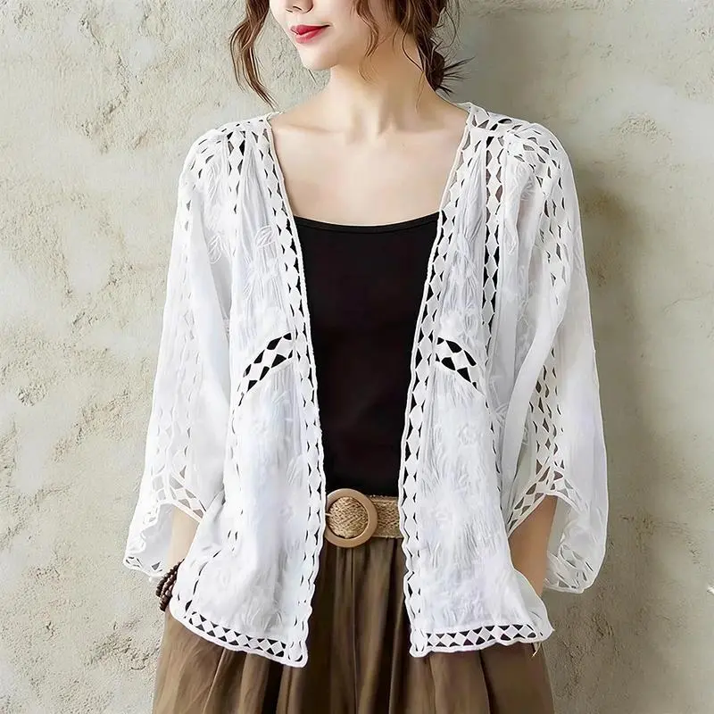 Women Cardigan Kimono Sleeve Open Front Hollow-out Open Knit Cardigan Jacket Spring Summer Beach Cover-up Boho