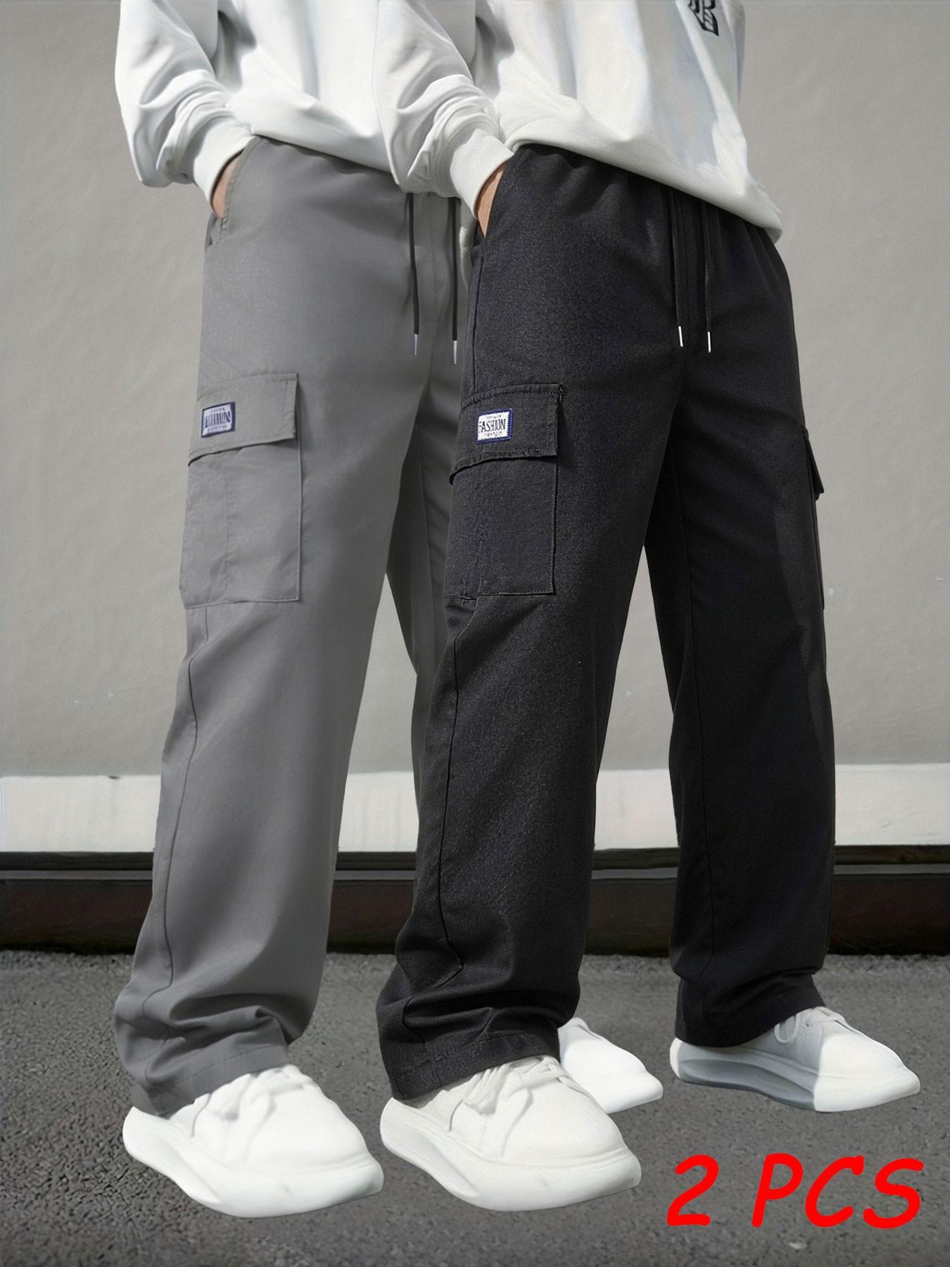 Men's Work Pants 3-Pack, Casual Tie-Waist Loose Fit Straight Leg, Multiple Pockets, Breathable Lightweight Streetwear, //