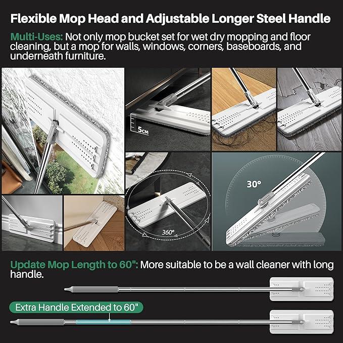 JOYMOOP 60" Mop and Bucket with 8 Reusable Microfiber Pads Hands Free Flat Floor Mop and Bucket Mop with Wringer Set