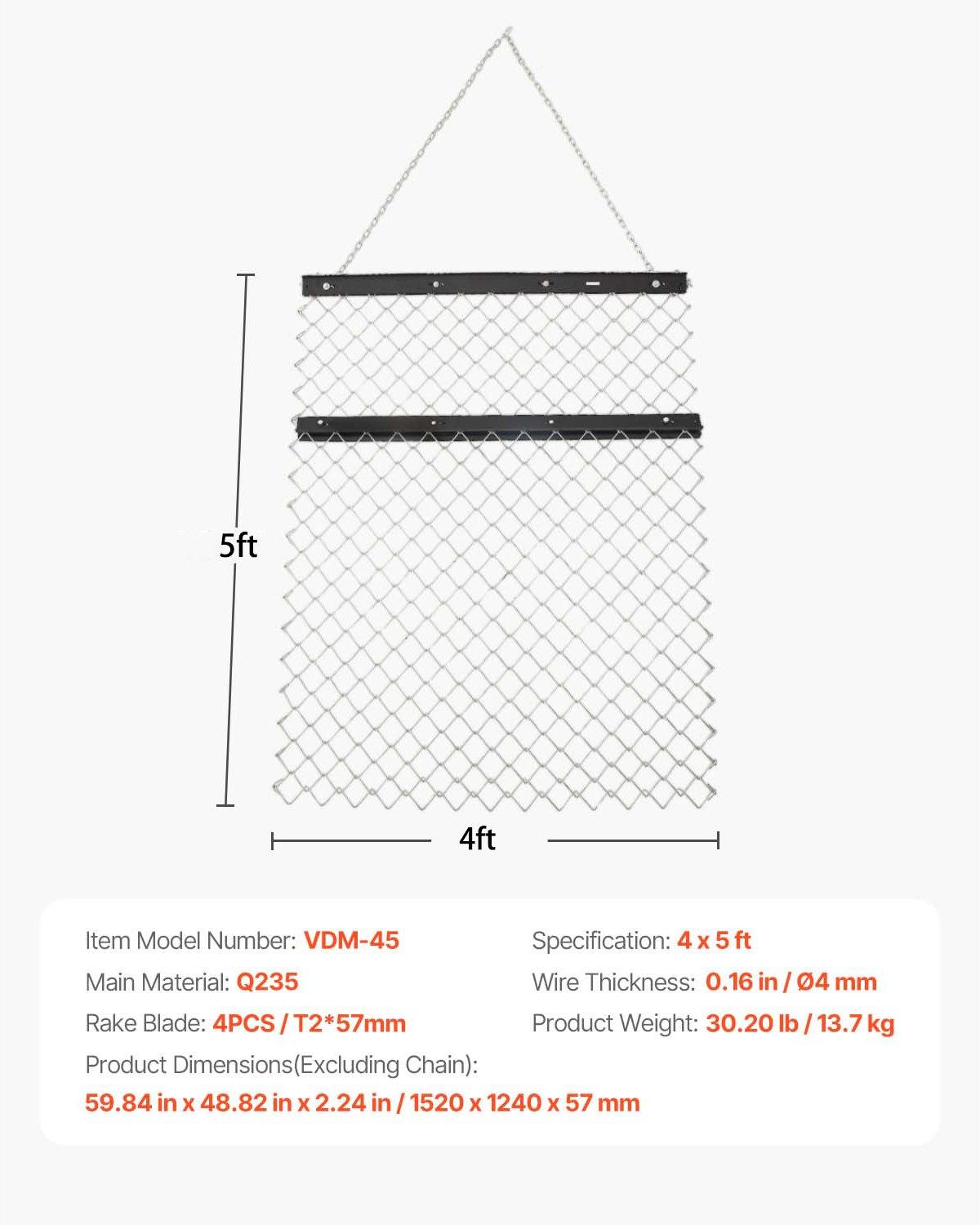 VEVOR Drag Harrow, 4 x 5 ft Chain Harrow - Made from Q235 Steel, UTV Tractor Attachments for Landscape Leveling or Sod Prepping, Durable Harrow Rake for Gravel Driveway, Farm Field Garden Black