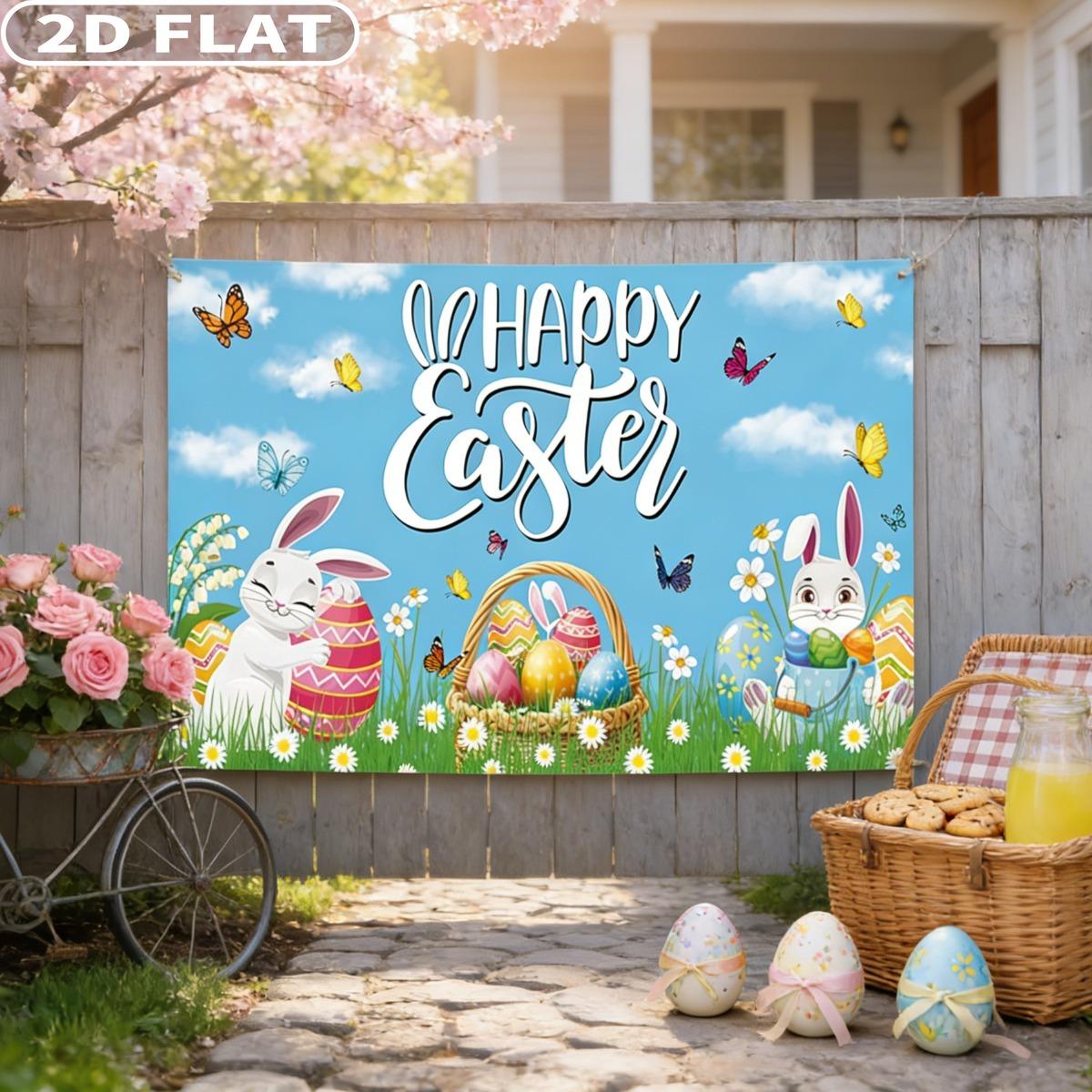 2D FLAT 1 Count Studio Props Happy Easter Backdrop Banner, Multiple Sizes Durable Polyester Fabric Colorful Flower Eggs Spring Bunny Grassland Theme Easter Decorations Party Supplies for Photo shoot Happy Easter's Day Party Decor
