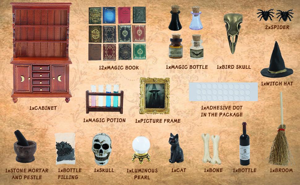 BEIREG Dollhouse Miniatures 1/12 Scale Accessories Handmade Wooden Bookshelf Furniture Set with Magic Bottle Potion Mini Bookcase Unique Black Friday Christmas Gift Decorations for Kids Gifts Playset christmas doll house