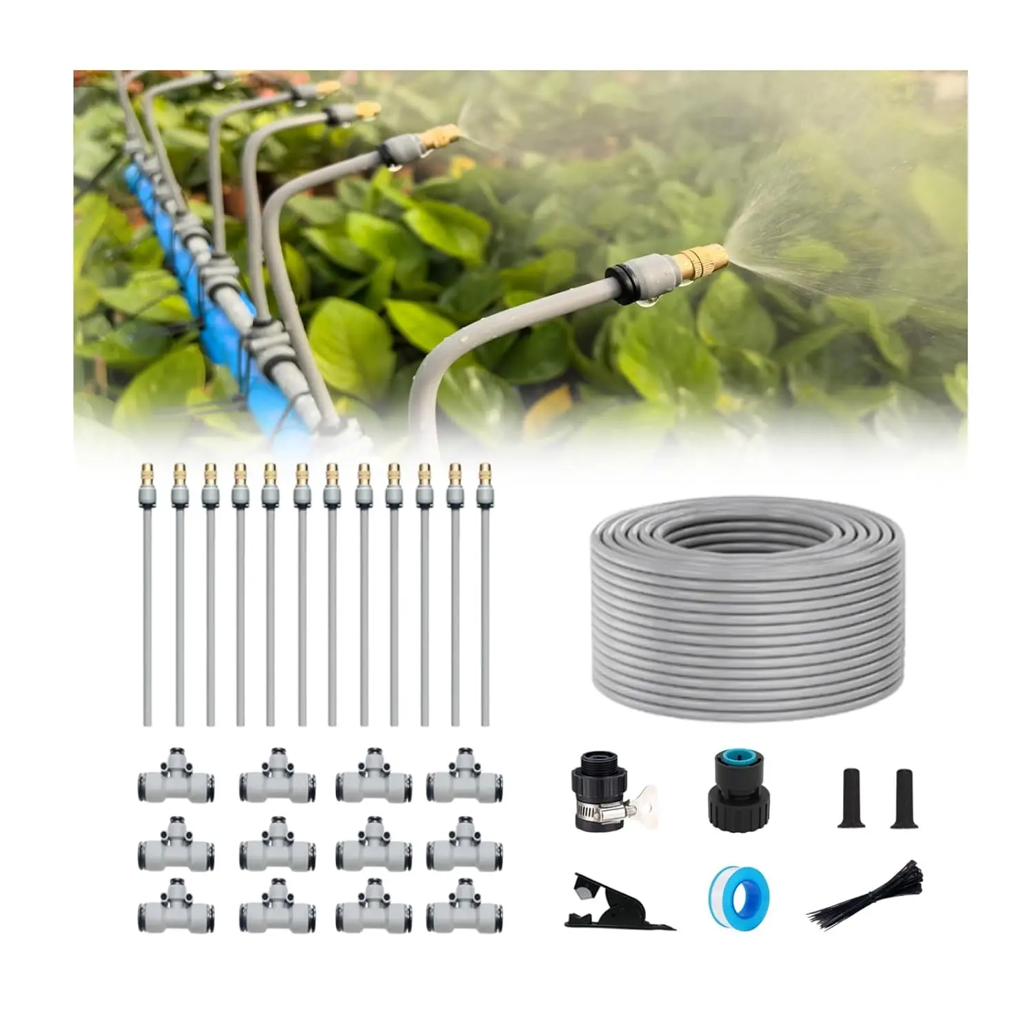 49FT Drip Irrigation Kits,Quick Connector Automatic Irrigation System,with Replaceable Bending Dropper,atomizing Copper Nozzle for Watering System for Garden  Lawn Patio. (15M+12Nozzles)