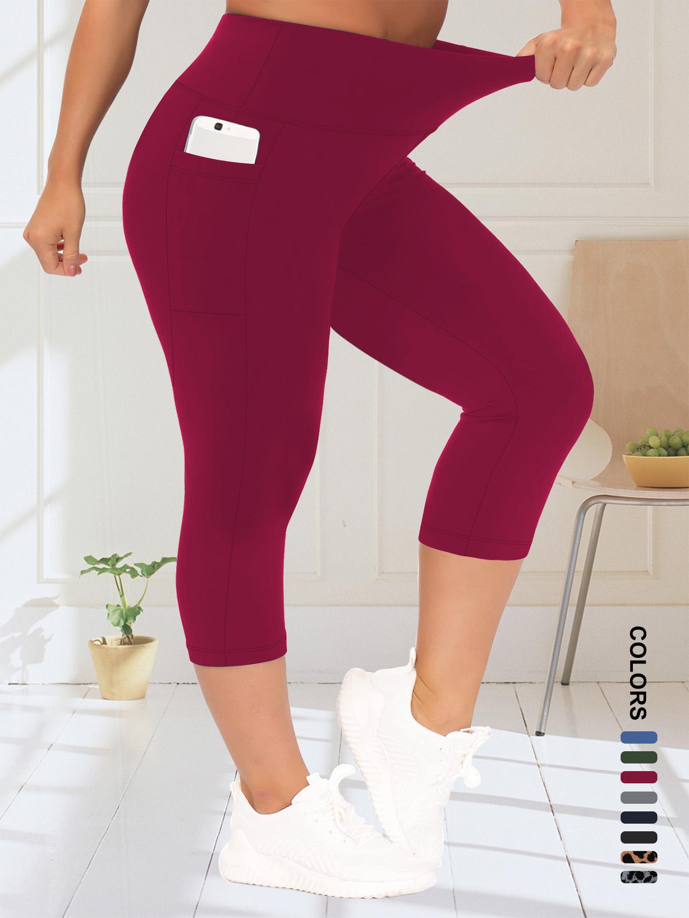 【Plus Size】 Solid/Leopard Pattern High Waist Pocket Capri Leggings, Casual Comfy Skinny Capri Pants for Daily Wear, Women's Bottoms for Summer