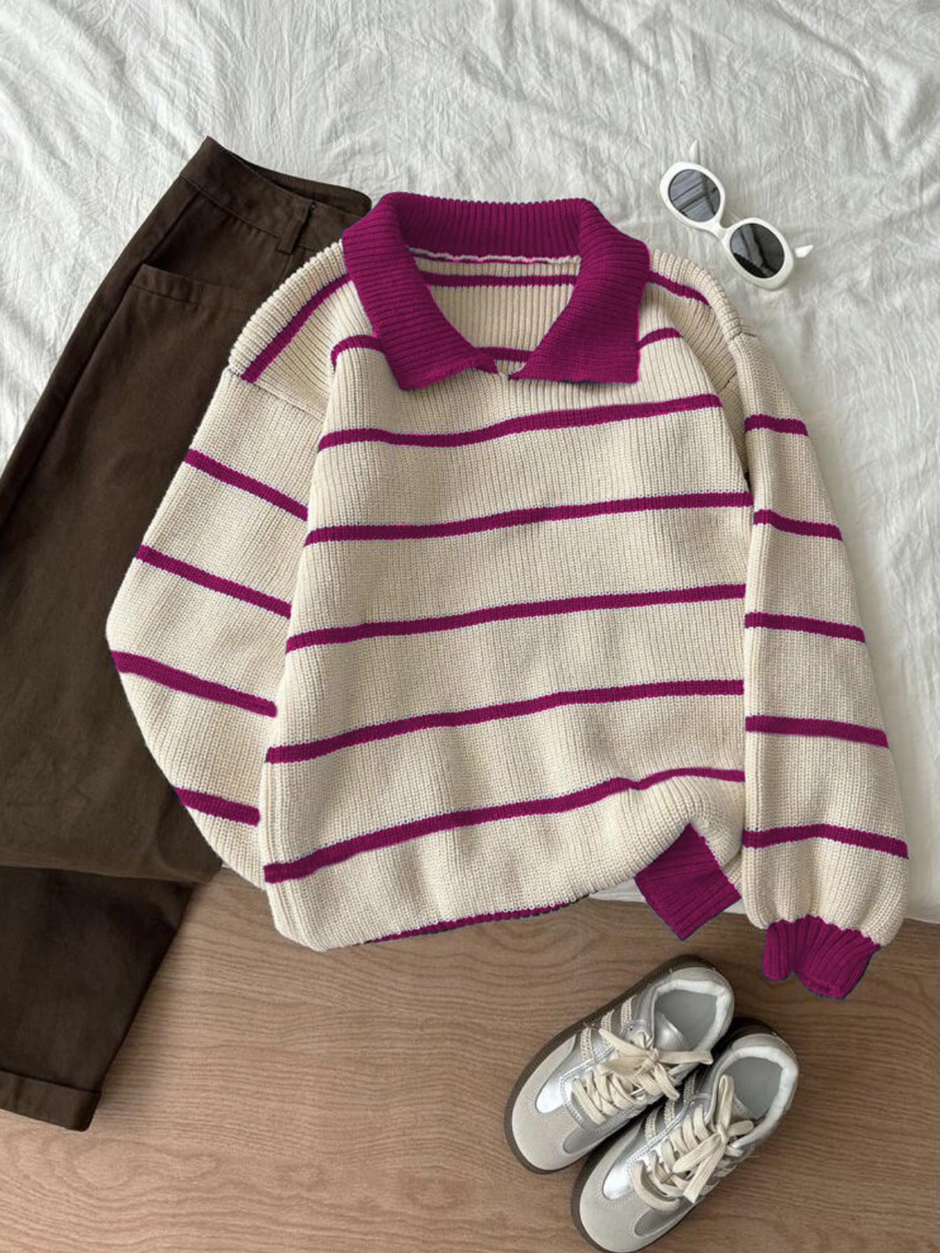 Autumn Winter Striped Polo Neck Long Sleeve Pullover Sweater, Fashionable Lazy Casual Loose Fit Knitwear, Versatile Style, Womenswear