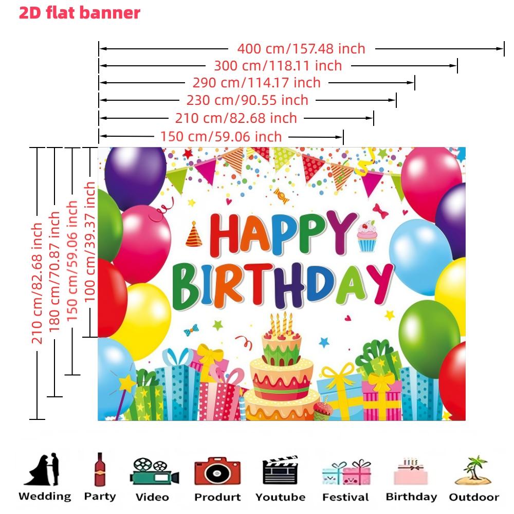 Colorful Birthday Party Backdrop Banner, Polyester Material, Balloon and Cake Elements, Home Decor, Indoor and Outdoor Parties, Photography Background