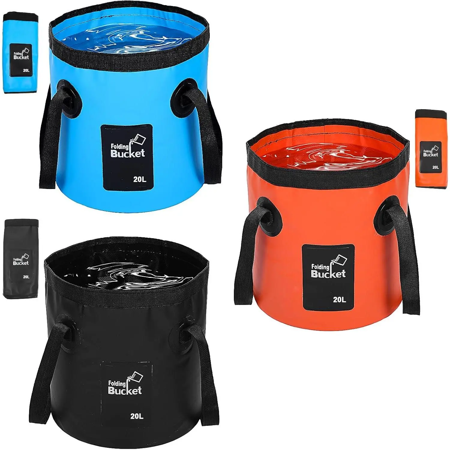 3 Pcs 20L (5-Gallon) Collapsible Bucket Set – Portable Foldable Water Container with Handle for Camping, Hiking, Fishing, Car Washing (Black, Orange, Blue)