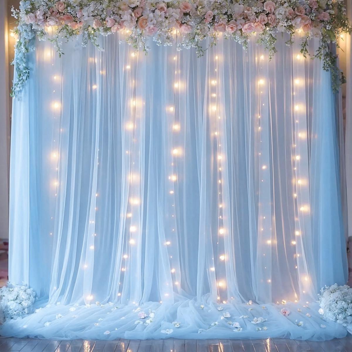 1set 9.84ft x 7.05ft White Sky Blue Pink Green Purple Champagne Sheer Backdrop Curtains with Lights for Baby Shower Wedding Bridal Shower Happy Birthday Party Decor Photobooth Props Holiday Festival Decor Home Decorative Hanging Ornaments