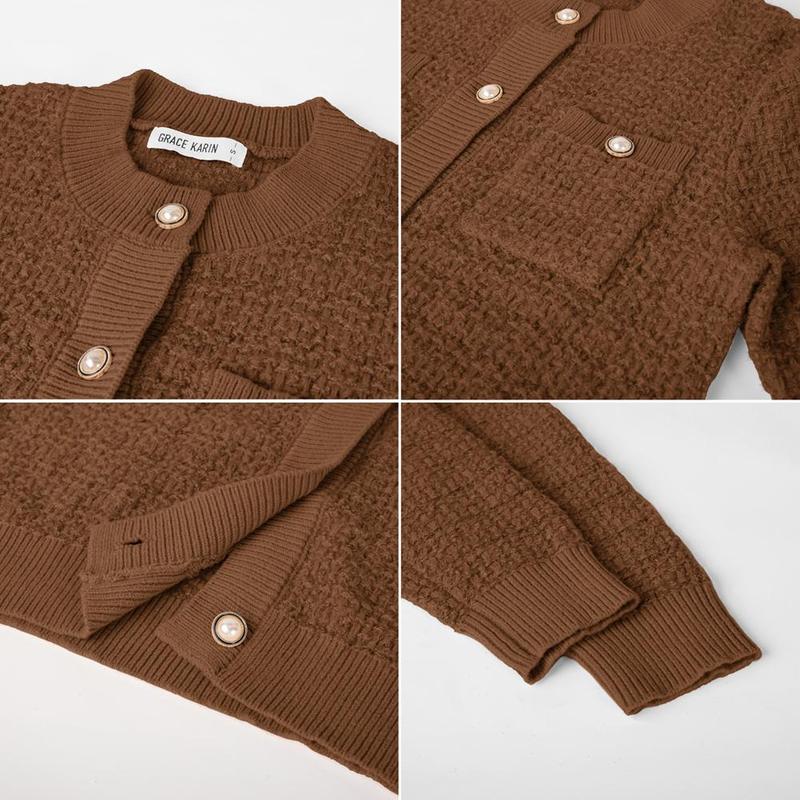 GRACE KARIN Womens Open Front Button Down Long Sleeve Texture Knit Cardigan Sweaters with Pockets