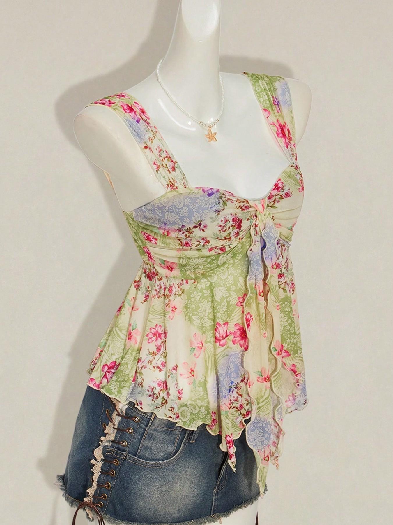 Summer Beach Vacation Floral Mesh Halter Top, Cute Asymmetrical Hem Sleeveless Women's Transparent Shirt, Small Fresh Style