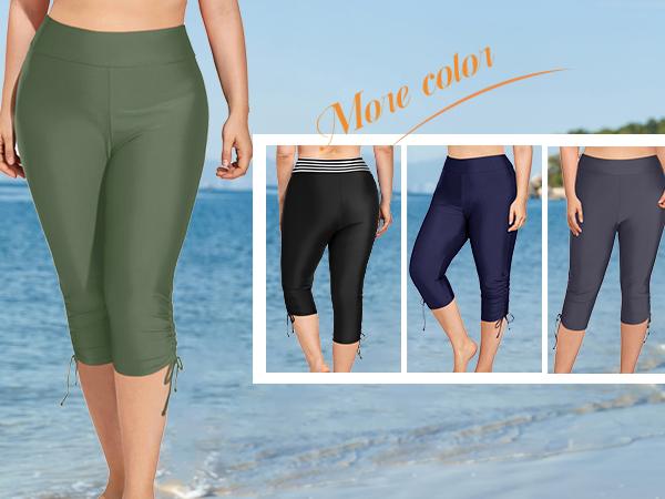 Holipick Womens Plus Size Swim Capris High Waisted Swim Pants Drawstring UPF50+ Long Swim Shorts