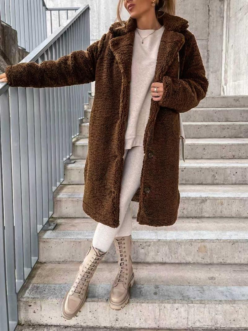 Women's Faux Fur Long Sleeve Lapel Coat, Plush Lined Overcoat, Casual Fashion Outerwear for Fall & Winter, Ladies' Warm Jacket