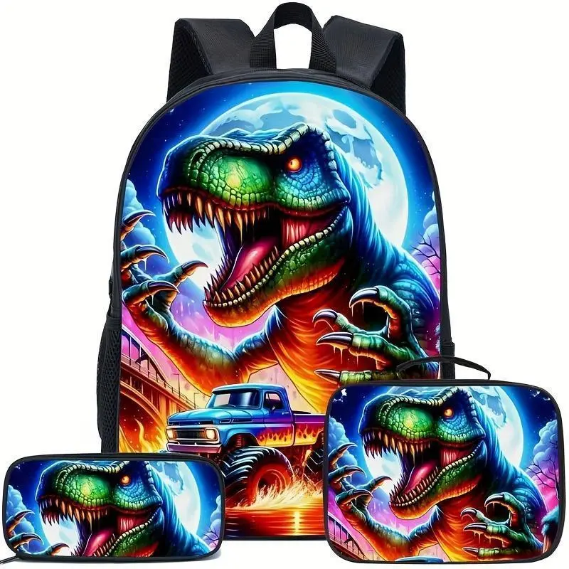 Men's Fashion Dinosaur Print 3-Piece Backpack Set - Ample Space, Multi-Compartment, Zip Closure, Organized Carry, Playful Design for Elementary School Students (Ideal School Season Gift)
