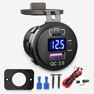 Nilight Quick Charge Socket PD Type C and QC 3.0 USB Fast Charge 12V 24V Car Outlet Voltmeter ON OFF Switch Fused Wire Kit Dual USB Charger Socket Power for Cars Trucks Vans RVs