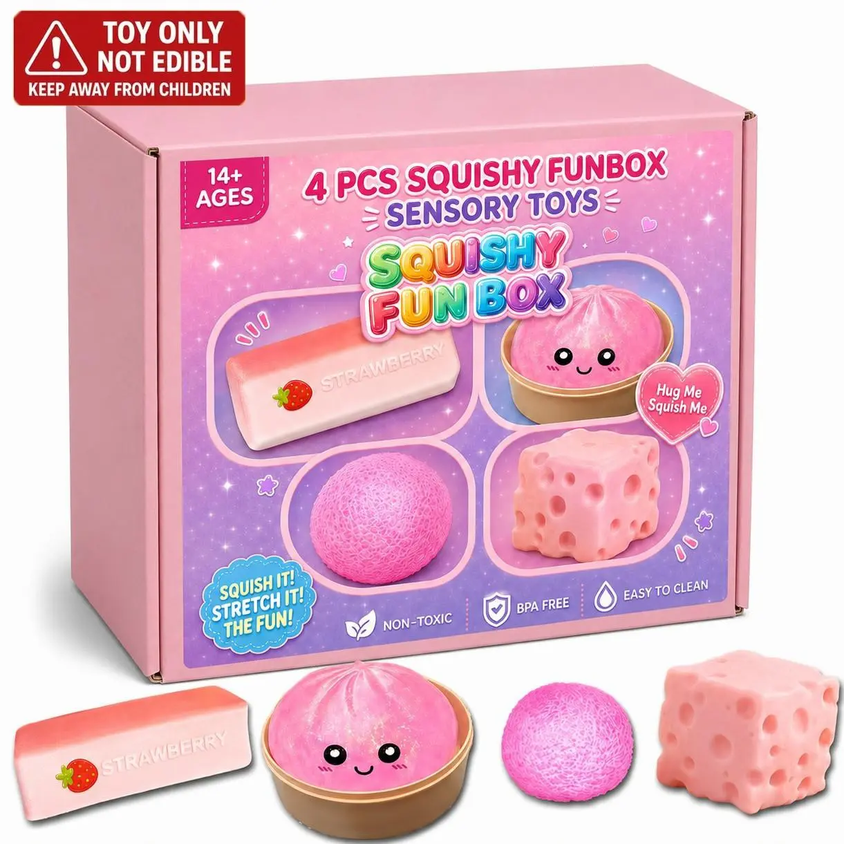 4-Piece Strawberry Pink Squishy Toy Set, Stress Relief Gift Box, Soft Slow-Return Stretchable Sensory Finger Toys, Squishy Fidgets, Birthday Party Gifts