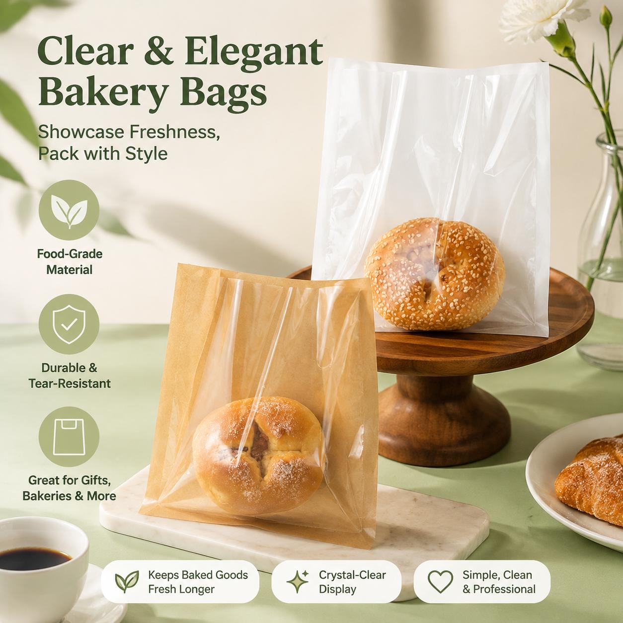 Eco-Friendly Kraft Paper Food Packaging Bags – Grease-Resistant, Transparent Triangular Design for Croissants, Toast, Sandwiches, and Bakery Items – Sustainable, Compostable, Food-Safe Carryout Solution