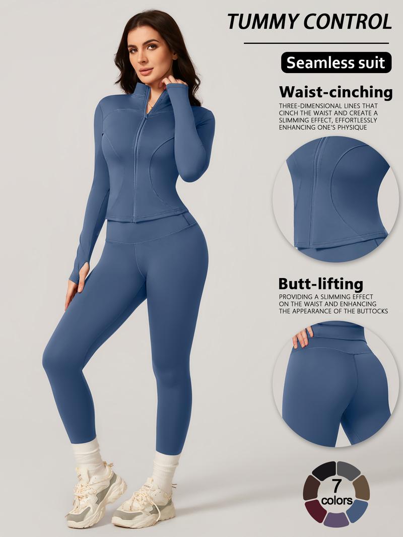 Women's Two-Piece Slim-Fitting Workout Set, Long Sleeve Top and Below-Ankle Sports Pants with Natural Waistline, All-Season Wearable Comfort Tracksuit Set