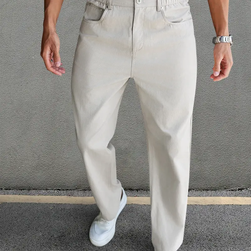 Men's Solid Plain Button Pocket Straight Leg Pants, Regular Fit Casual Comfy Trousers for Work Office Business Daily Wear, Men's Bottoms for All Seasons