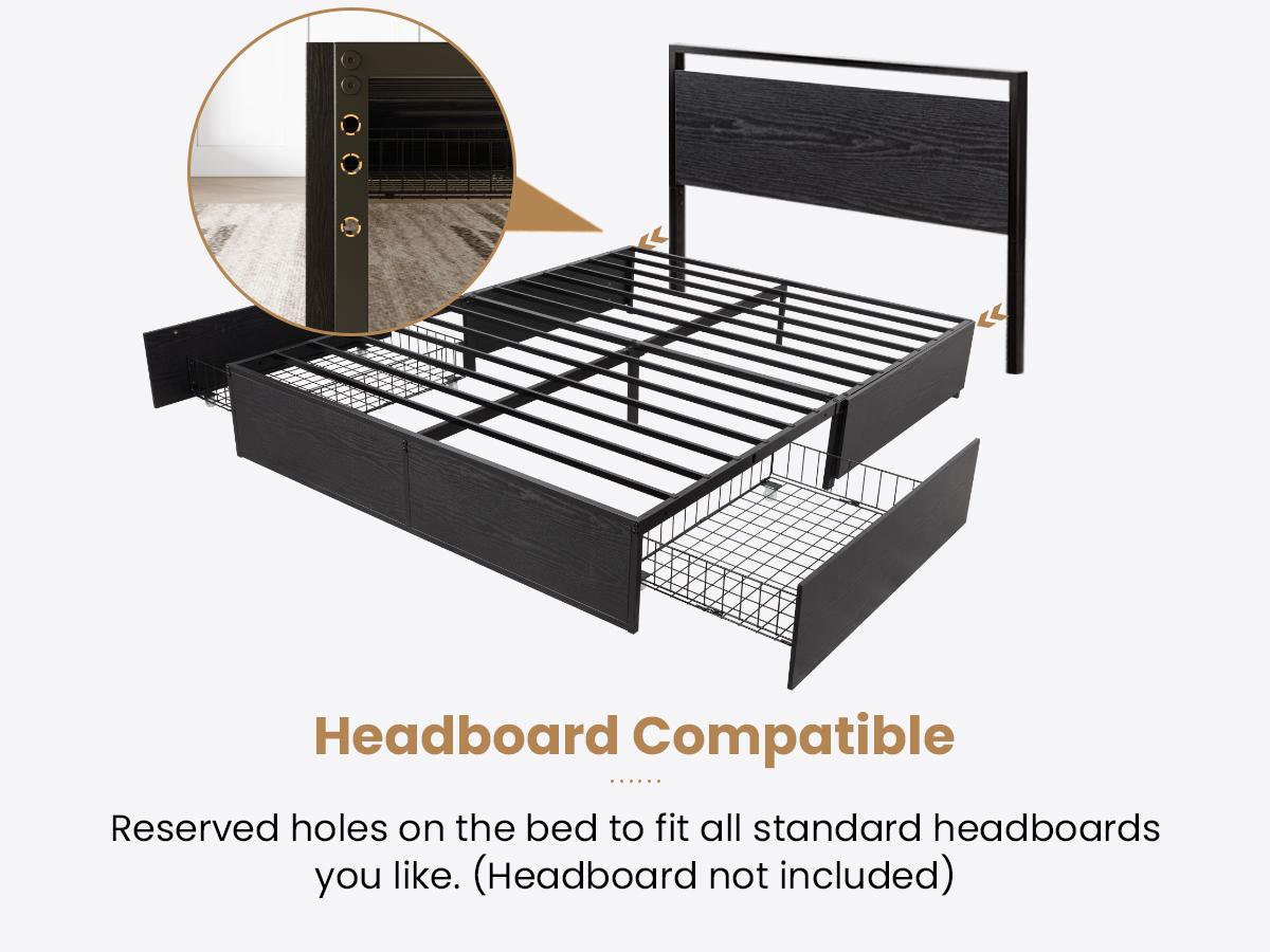 SHA CERLIN Full Size/Queen Bed Frame - Full Platform Design, Rustic Wood & Metal Build, 2 Large Storage Drawers, Noise-Free, No Box Spring Needed, Black/Brown Summervibes Father's Day Gift, Full Size Bed
