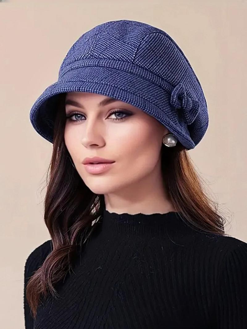 Women's Elegant Plaid Pattern Bow Decor Beret, Casual Trendy Matching Hats for Fall & Winter, Fashion Accessories for Women & Girls