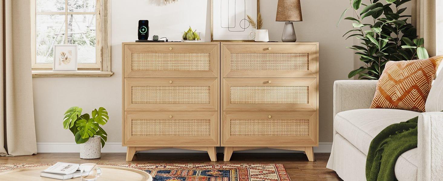 Sikaic Rattan Nightstand with Charging Station Boho Bedside Table with 3 Large Wicker Decorated Drawers Wooden Furniture